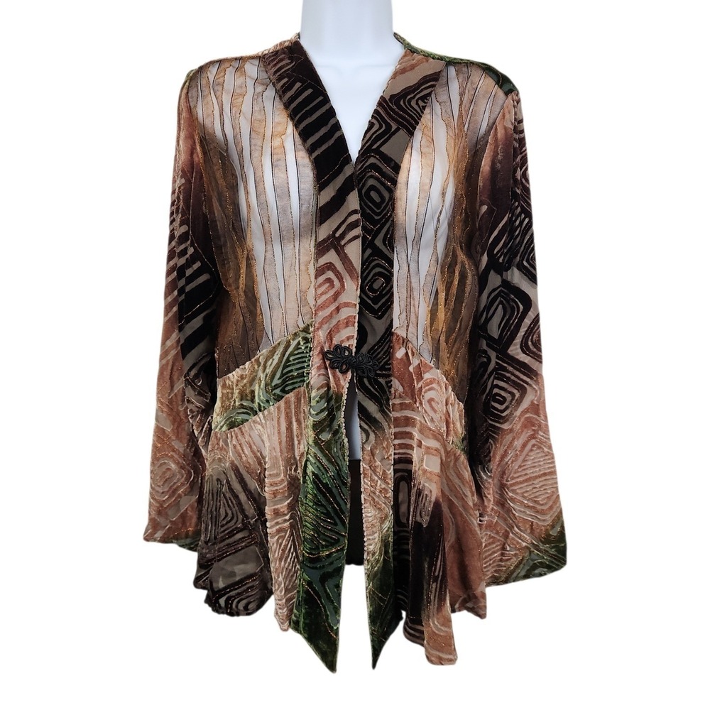 Sheer Layers Chicos Silk Blend Kimono Jacket Sz 1 Burnout Velvet Brown Green